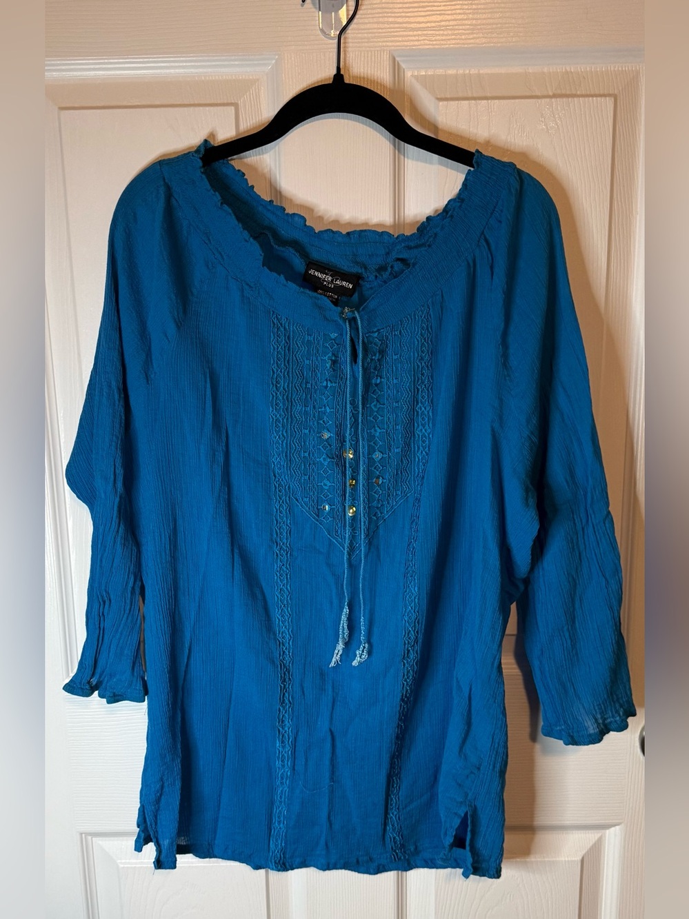 Women's Boho Tunic Top in Teal with Embroidered Front